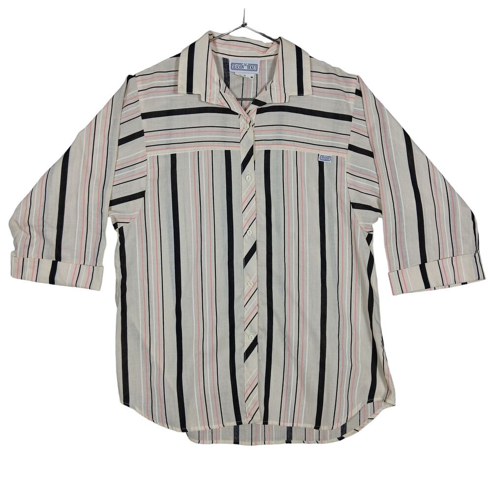 Vintage The Season Ticket Shirt Size M Beige & Black Striped Pattern 3/4 Sleeve